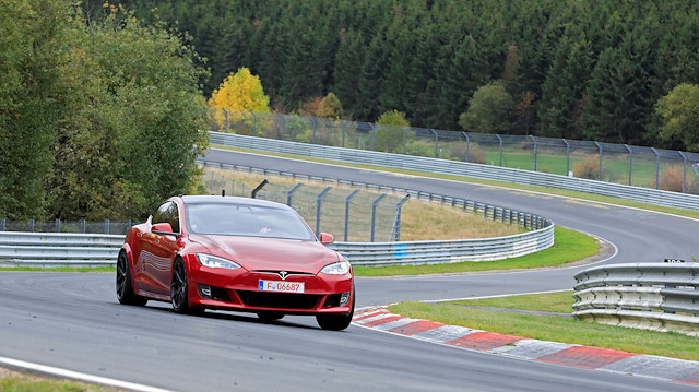 Tesla Model S at the Nuerburgring race track, in the western German