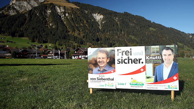 Election posters of the Swiss People's Party (SVP) candidates are pictured