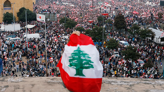 A general view of demonstrators during an anti-government protest in downtown Beirut