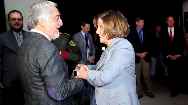 U.S. House Speaker Nancy Pelosi shakes hand with Afghanistan Chief Executive Abdullah Abdullah in Kabul, Afghanistan October 20, 2019. Picture taken October 20, 2019. Afghan Chief Executive office/