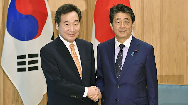 South Korea's Prime Minister Lee Nak-yon meets with Japan's Prime Minister Shinzo Abe at Abe's official residence in Tokyo, Japan 