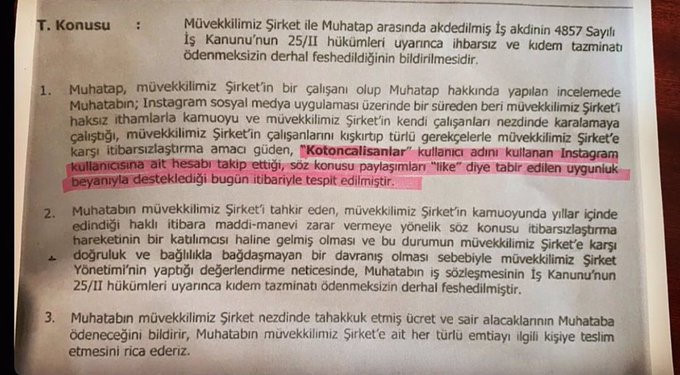 Söz konusu yazıda 'beğeniler nedeniyle işten çıkarılma' durumu net bir şekilde görülüyor.