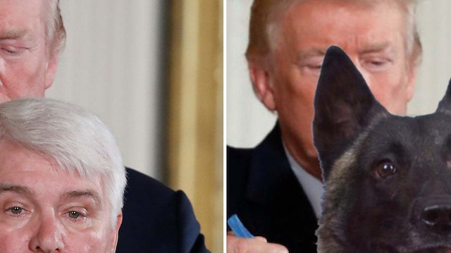 Trump shares doctored photo of Baghdadi dog getting medal