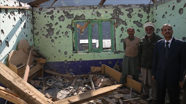 A damaged building after Indian forces' attack with mortar shells and missiles on October 20, in Azad Kashmir, Pakistan on October 31, 2019.