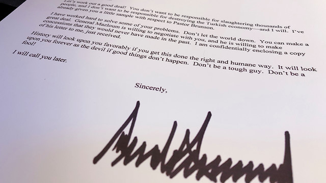 An October 9 letter from U.S. President Donald Trump to Turkey's President Tayyip Erdogan warning Erdogan about Turkish military policy and the Kurdish people in Syria is seen after being released by the White House in Washington, U.S. October 16, 2019. REUTERS/Jim Bourg

