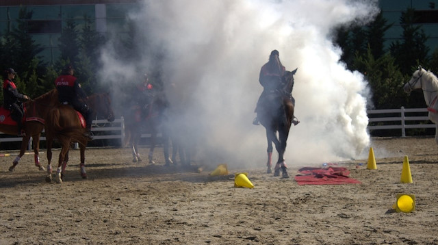 Alanda sis bombası ile kalabalık alanlarda yaşanabilecek toplumsal olaylara atlarla müdahalenin provası yapılıyor. 