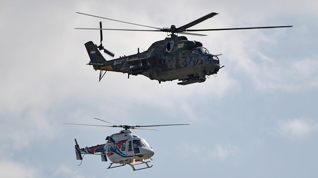 Russian Ansat and Mi-24 helicopters fly at the MAKS 2019 air show in Zhukovsky