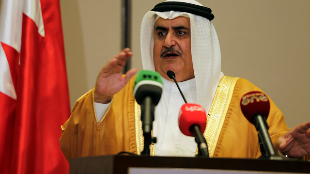 Bahraini Foreign Minister Sheik Khalid bin Ahmed Al Khalifa speaks to media 