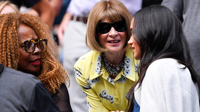 Sept 7, 2019; Flushing, NY, USA; Meghan Markle talks with Anna Wintour and Oracene Price before the women's singles final match between Serena Williams of the United States and Bianca Andreescu of Canada on day thirteen of the 2019 U.S. Open tennis tournament at USTA Billie Jean King National Tennis Center. Mandatory Credit: Robert Deutsch-USA TODAY Sports

