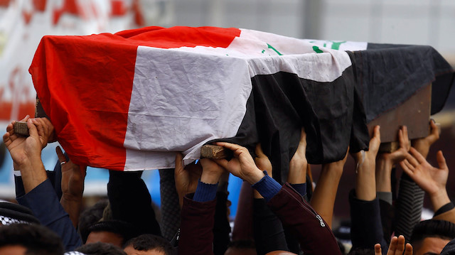 Mourners carry the coffin during the funeral of a demonstrator who was killed at an anti-government protest overnight in Najaf, Iraq November 29, 2019. 
