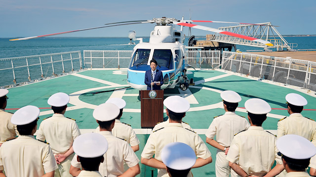 File photo: Japanese Prime Minister Shinzo Abe addresses sailors during a ship tour of the Japan Coast Guard vessel PLH08 Echigo at Fort Hill Wharf in Darwin, Northern Territory, Australia