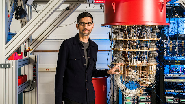 File photo: A handout picture from October 2019 shows Sundar Pichai with one of Google's Quantum Computers in the Santa Barbara lab, California, U.S. Picture taken in October 2019