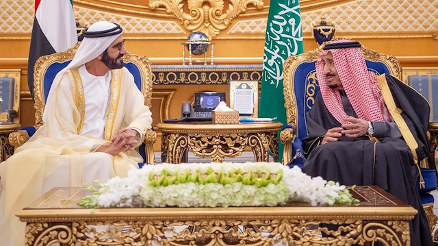 Saudi Arabia's King Salman bin Abdulaziz Al Saud meets Prime Minister and Vice-President of the United Arab Emirates and ruler of Dubai Sheikh Mohammed bin Rashid al-Maktoum during the Gulf Cooperation Council's (GCC) 40th Summit in Riyadh, Saudi Arabia, December 10, 2019.