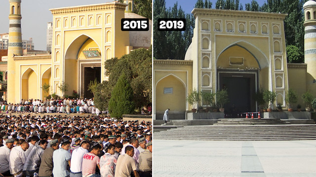 Tarihi Id Kah camisinin eski ve yeni hali arasındaki fark Çin'in camilere yönelik yıkım politikalarını gözler önüne seriyor.