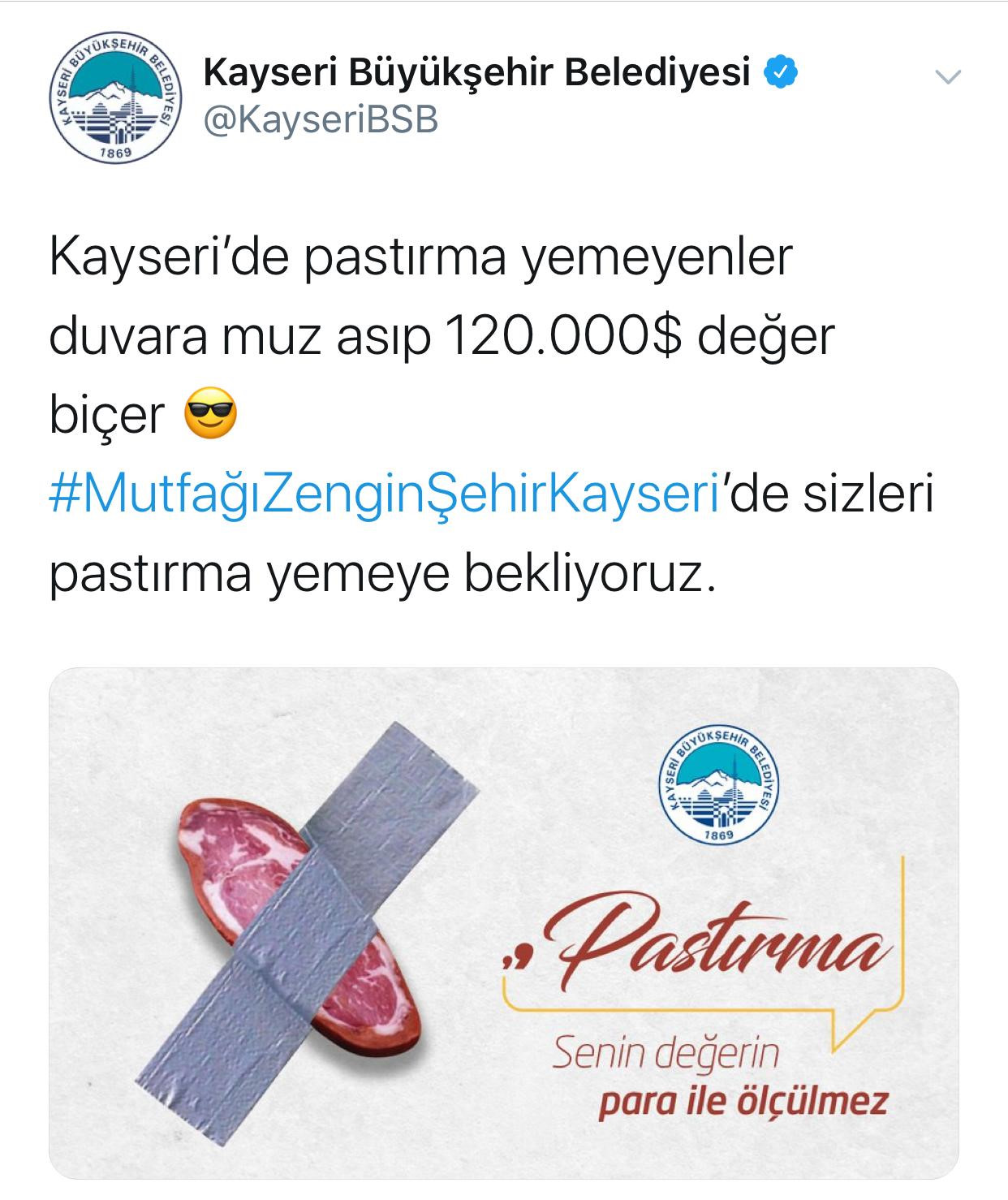 Kayseri Büyükşehir Belediyesi'nin 'pastırma'lı paylaşımı.