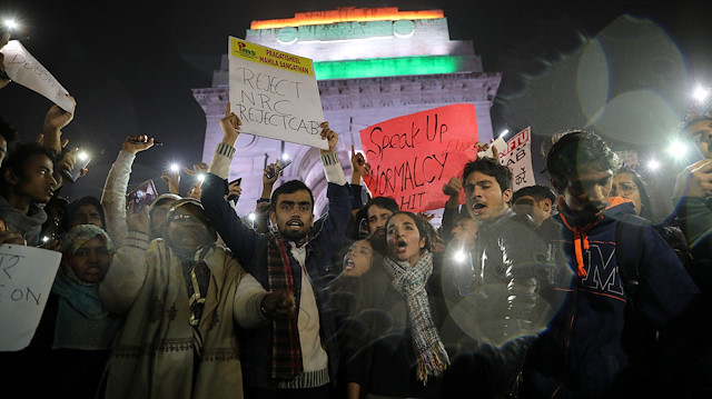 Demonstrators shout slogans during a protest against the Citizenship Amendment Bill, a bill that seeks to give citizenship to religious minorities persecuted in neighbouring Muslim countries, in New Delhi, India, December 12, 2019