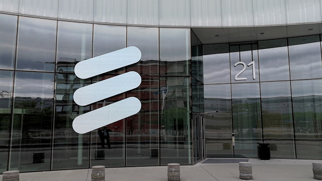 FILE PHOTO: The Ericsson logo is seen at the Ericsson's headquarters in Stockholm