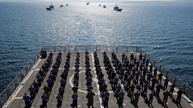 Crew members of the amphibious landing ship tank (LST) TCG Bayraktar (L-402)