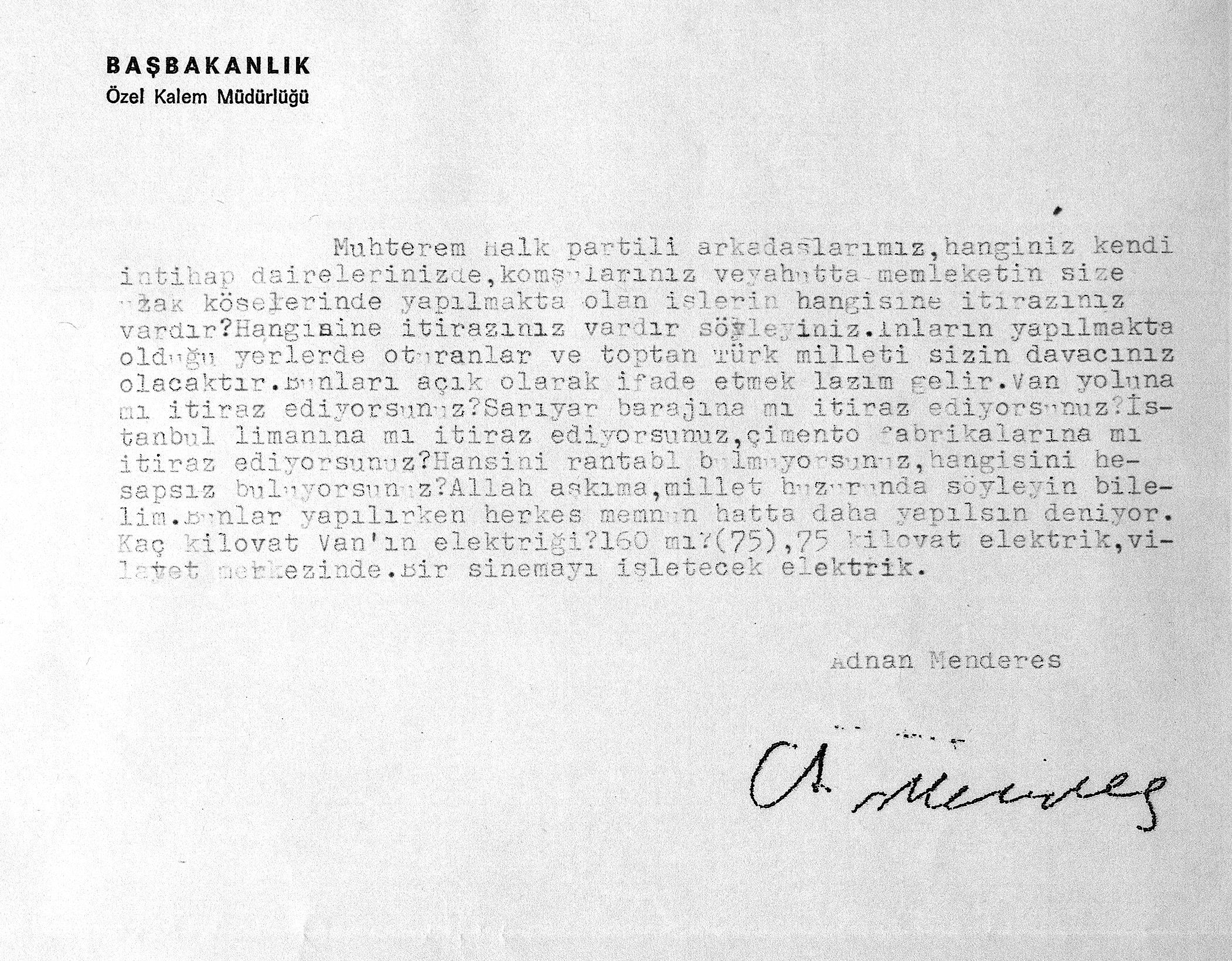 Adnan Menderes imzalı belge