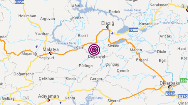 Elazığ'da depremin olduğu yeri gösteren harita.