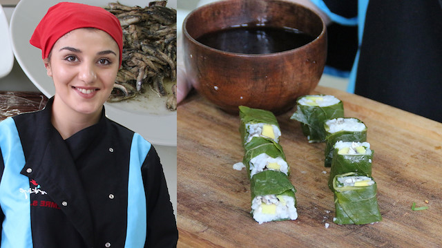 Seventeen-year-old Dilara Türüt's seaweed-free staple is a combination of fried anchovies (hamsi) wrapped in rice, avocado and collard greens