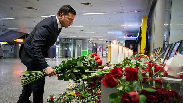 Ukrainian President Volodymyr Zelenskiy lays flowers to commemorate victims of the Ukraine International Airlines Boeing 737-800 plane crash, at a memorial in Boryspil International airport outside Kiev, Ukraine January 9, 2020