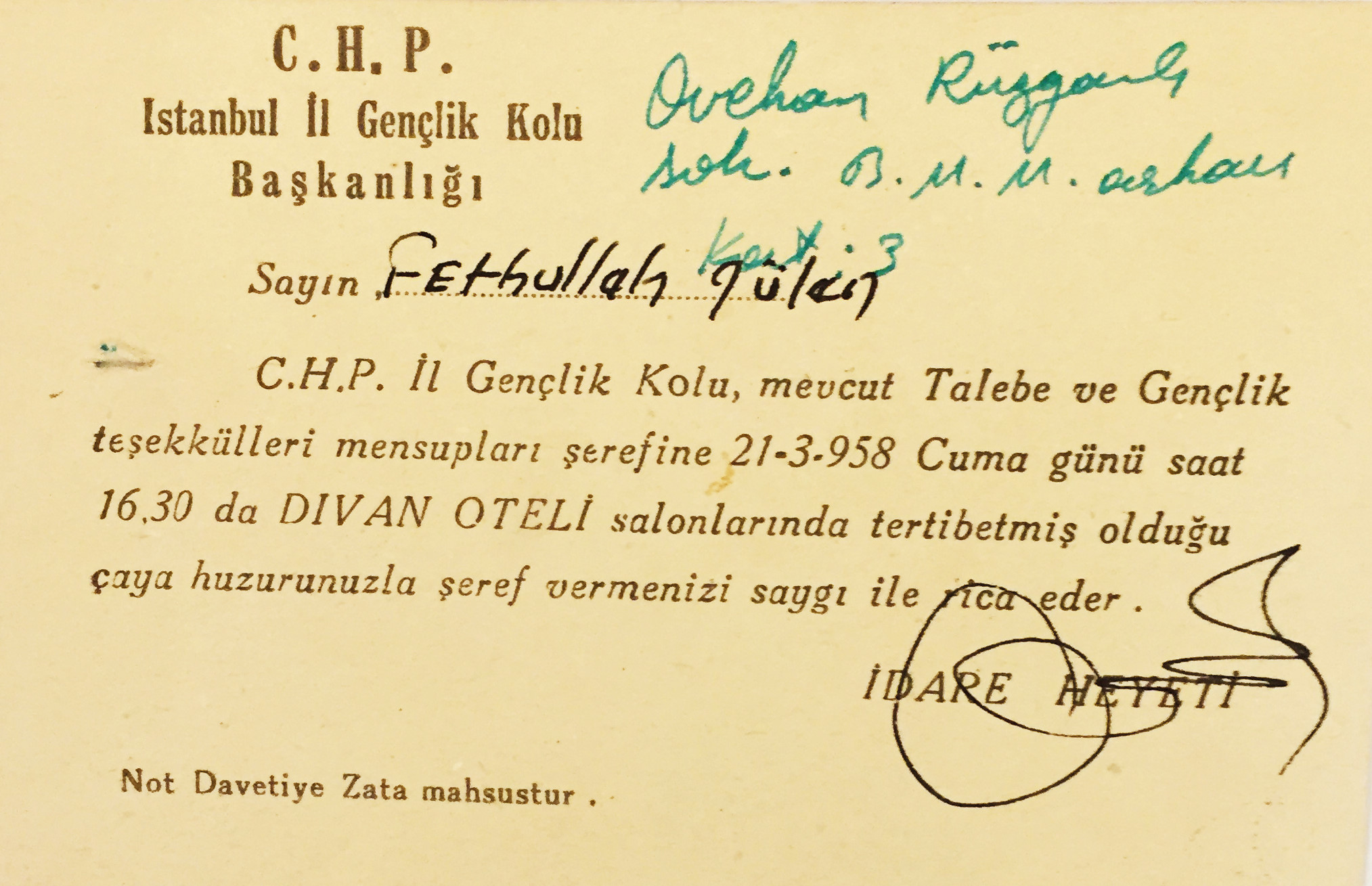 Teröristbaşı Gülen, 21 Mart 1958’te düzenlenen CHP Gençlik Kolları toplantısının özel davetlileri arasındaydı.