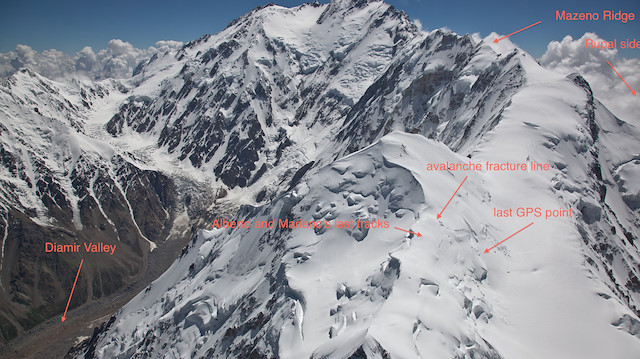 Image shows the area where Alberto Zerain and Mariano Galvan's last tracks were believed to have been see before the avalanche on Mazeno Ridge while climbing Nanga Parbat, Pakistan July 1, 2017. Picture taken July 1, 2017. Alex Gavan/Handout via REUTERS ATTENTION EDITORS - THIS IMAGE WAS PROVIDED BY A THIRD PARTY.  