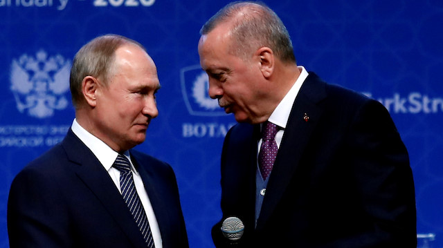 Turkish President Tayyip Erdogan and Russian President Vladimir Putin attend a ceremony marking the formal launch of the TurkStream pipeline which will carry Russian natural gas to southern Europe through Turkey, in Istanbul, Turkey, January 8, 2020. REUTERS/Umit Bektas  