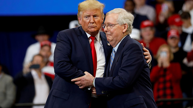 FILE PHOTO: Senator Mitch McConnell (R-KY) hugs U.S. President Donald Trump at a Keep America Great Rally at the Rupp Arena in Lexington, Kentucky, U.S., November 4, 2019. REUTERS/Yuri Gripas/File Photo

