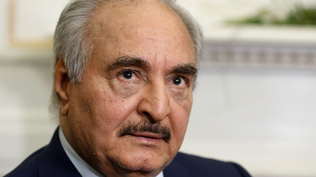 Libyan commander Khalifa Haftar meets Greek Foreign Minister Nikos Dendias (not pictured) at the Foreign Ministry in Athens, Greece, January 17, 2020. REUTERS/Costas Baltas

