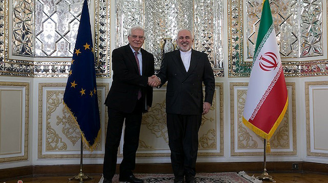 Iranian Foreign Minister Javad Zarif shakes hands with High Representative of the EU for Foreign Affairs and Security Policy and Vice-President of European Commission Josep Borrell in Tehran, Iran, February 3, 2020