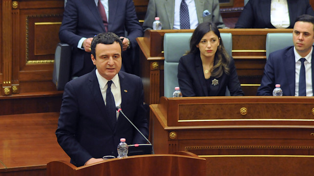 Newly elected Prime Minister of Kosovo Albin Kurti delivers his speech during a parliament session in Pristina, Kosovo February 3, 2020. 
