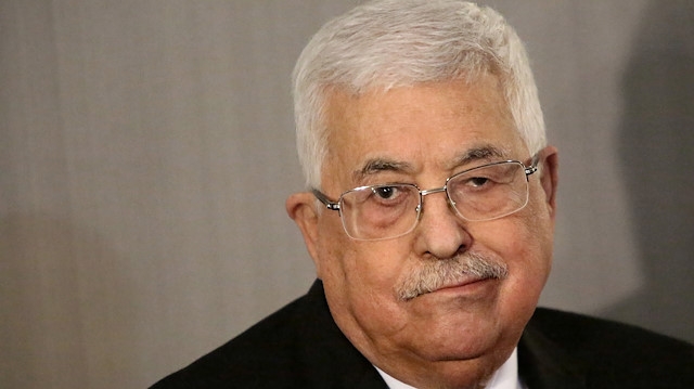 Palestinian President Mahmoud Abbas pauses while speaking during a news conference with former Israeli Prime Minister Ehud Olmert (not seen) at the Grand Hyatt hotel in New York, U.S., February 11, 2020. REUTERS/Yana Paskova

