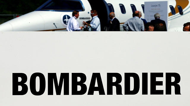 A Bombardier sign is pictured at the static display of aircraft