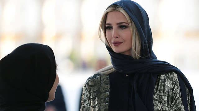 U.S. White House senior advisor Ivanka Trump wears a scarf as she visits the Sheikh Zayed Grand Mosque in Abu Dhabi, United Arab Emirates, February 15, 2020. REUTERS/Christopher Pike

