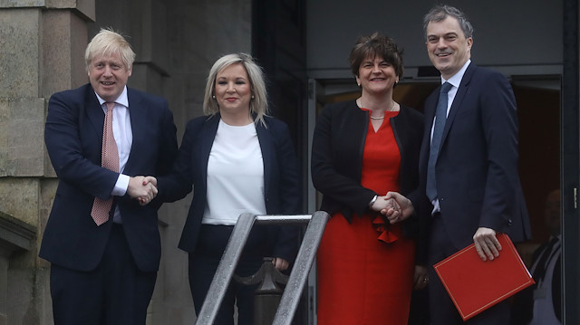 Britain's Prime Minister Boris Johnson, Deputy first minister Michelle O'Neill of Sinn Fein, First Minister Arlene Foster of the DUP and Julian Smith Northern Ireland Secretary of State