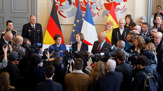 French Defense Minister Florence Parly, German Defense Minister Annegret Kramp-Karrenbauer and Spanish Defense Junior Minister Angel Olivares Ramirez talk to journalists after a meeting for next phase in development of the Franco-German-Spanish Future Combat Air System (FCAS / SCAF), Europe's next-generation fighter jet, in Paris, France, February 20, 2020. 