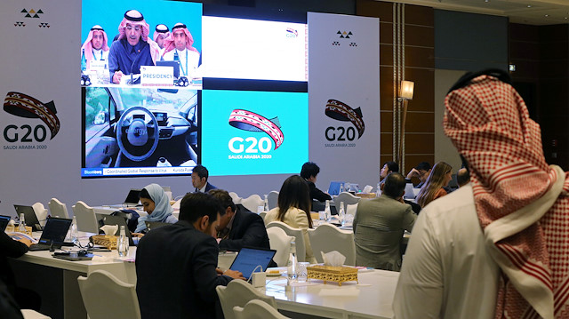 Journalists sit in the media center during the meeting of G20 finance ministers and central bank governors in Riyadh, Saudi Arabia, February 22, 2020.