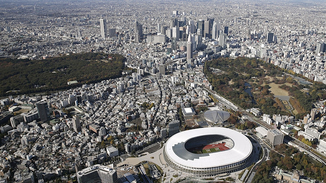 File photo: An aerial view shows the new National Stadium, the main stadium of Tokyo 2020 Olympics and Paralympics, in Tokyo, Japan November 30, 2019, in this photo taken by Kyodo. Picture taken on November 30, 2019
