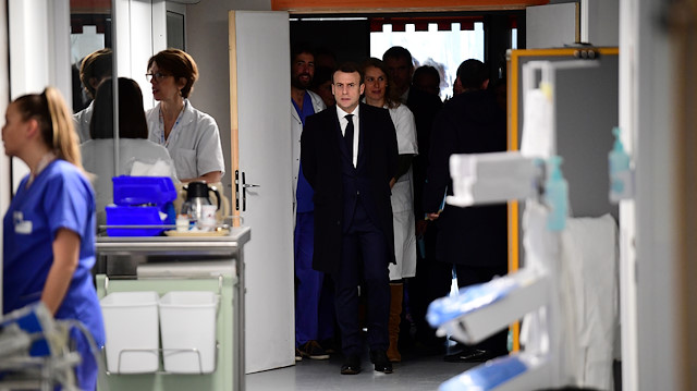 French President Emmanuel Macron visits the Pitie-Salpetriere hospital in Paris, France February 27, 2020
