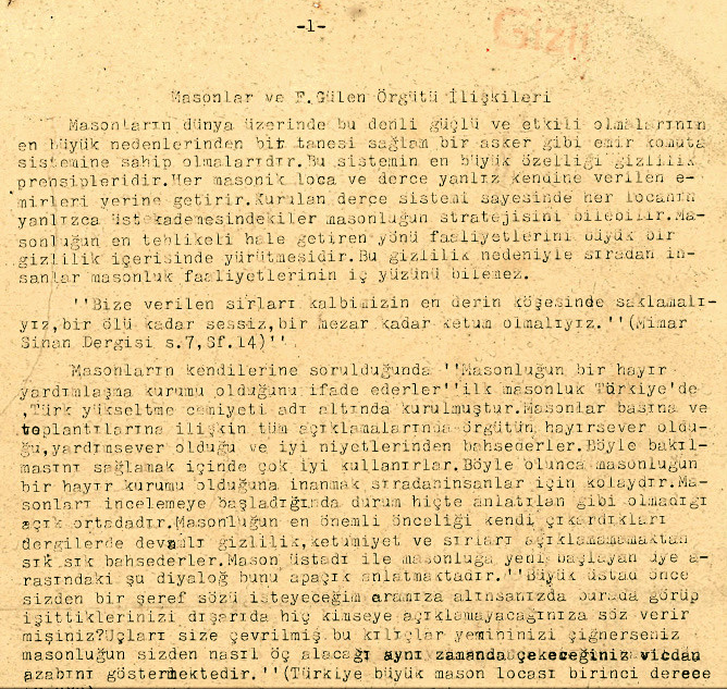 Masonlar ile FETÖ'nün ilişkisini anlatan belge