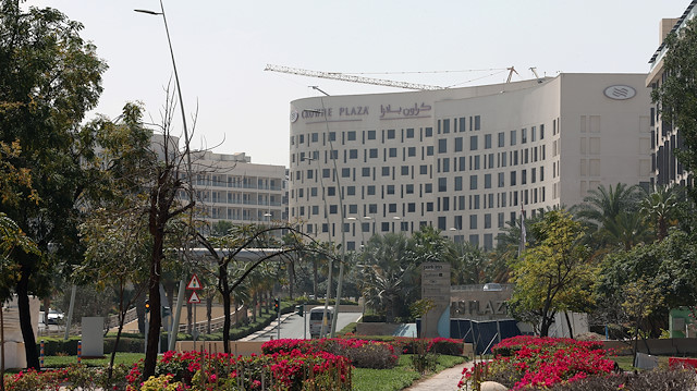 Exterior view of the Crowne Plaza hotel, where two Italian cyclists participating in the UAE Tour tested positive for COVID-19 coronavirus, at Yas Island in Abu Dhabi