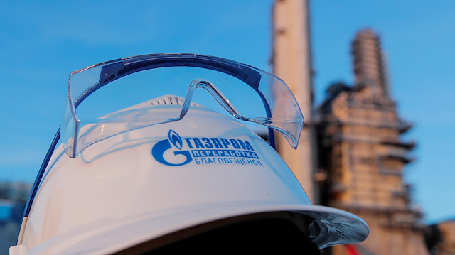 FILE PHOTO: A Gazprom-branded helmet pictured at the construction site of Amur gas processing plant, part of Gazprom's Power of Siberia project outside the far eastern town of Svobodny, in Amur region, Russia, November 29, 2019