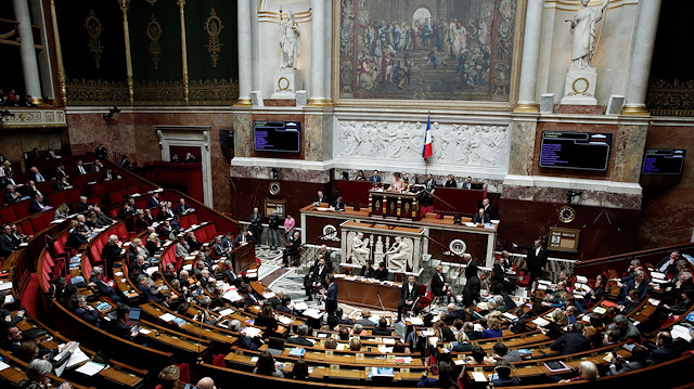 A general view shows the hemicycle during the questions to the government session before a no-confidence vote against French government's pension reform bill at the National Assembly in Paris, France, March 3, 2020.