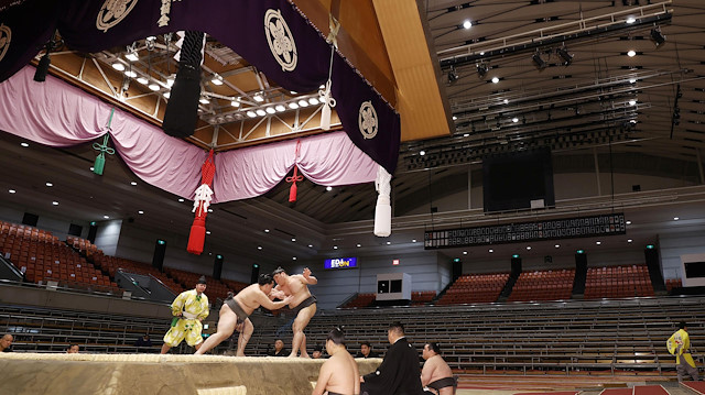 Spectator's seats are seen empty during a match of the Spring Grand Sumo Tournament which is taking behind closed doors amid the spread of the new coronavirus, in Osaka, western Japan, on March 8, 2020, in this photo taken by Kyodo. Mandatory credit Kyodo