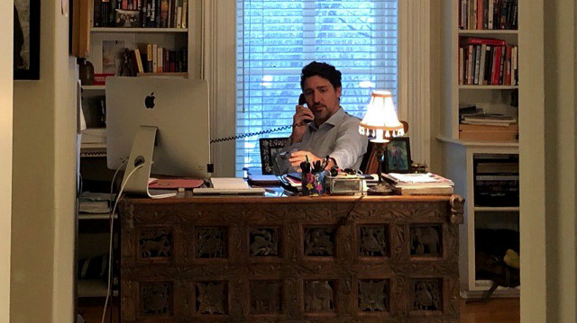 Canada’s Prime Minister Justin Trudeau works from his home office at Rideau Cottage
