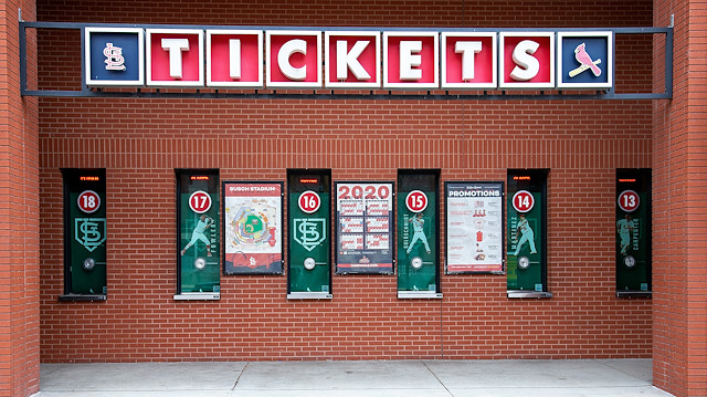 File photo: Mar 15, 2020; St. Louis, Missouri, USA; A general view of a ticket window at Busch Stadium which is home of the Saint Louis Cardinals. Major League Baseball has postponed the start of the 2020 baseball season due to the COVID-19 pandemic. Mandatory Credit: Scott Kane-USA TODAY Sports
