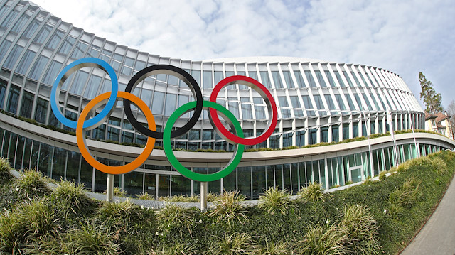 File photo: The Olympic rings are pictured in front of the International Olympic Committee (IOC) in Lausanne, Switzerland, March 17, 2020