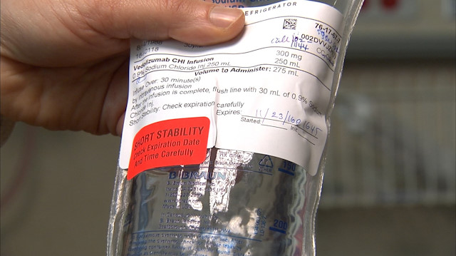 An IV bag of Takeda Pharmaceutical's drug that is part of a clinical trial 